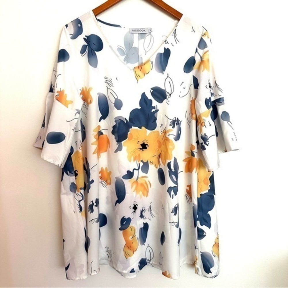 Misslook White and Yellow Floral Mini Dress Bell Sleeves Size Large